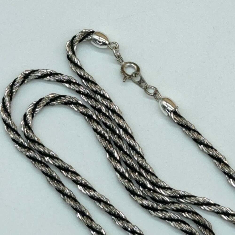 Puffy Heart Necklace Silver Tone Open Work Scroll Design Black Silver Rope Chain - Picture 5 of 8